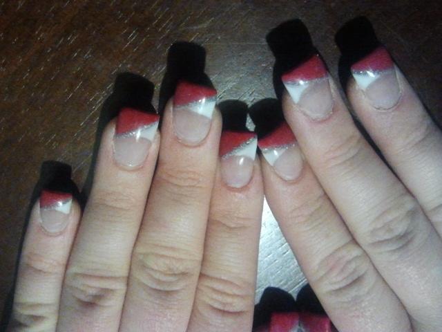 Red, Silver and White Diagonal French Manicure with Acrylics 